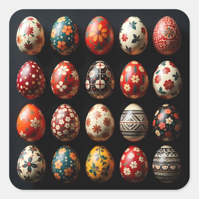 Folk Art Easter Egg Collection Quadratischer Aufkleber (Vorderseite)