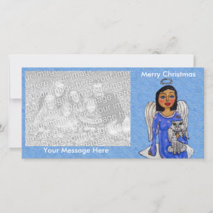 Folk Art Engel Blue Dress White Angel Cat Cloud Feiertagskarte