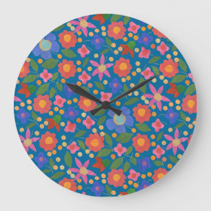Folk Art Floral auf blaue Acrylwand Uhr