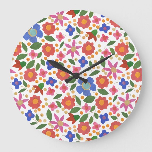 Folk Art Floral auf weißer Acrylwand Uhr (Vorderseite)