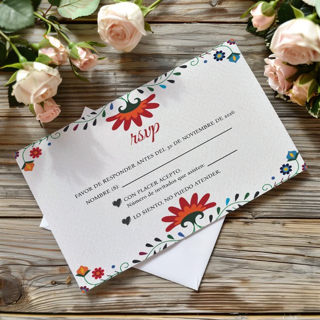 Folk Art Floral Botanical Fiesta Spanish Wedding RSVP Karte (Folk Art Floral Botanical Fiesta Spanish Wedding RSVP Card)