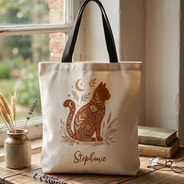 Folk Art Floral Cat Celestial Moon Mama Gift (Folk Art Floral Cat Tote Bag)