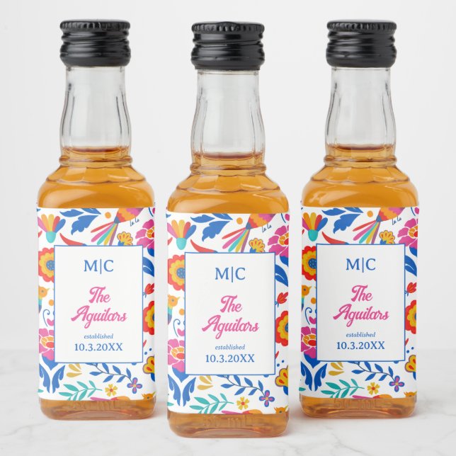 Folk Art Floral Fiesta Monogram Gastgeschenk Hochz Alkoholflaschenetikett (Flaschen)