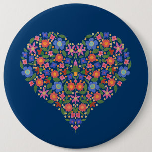 Folk Art Floral Heart on Blue Round Button