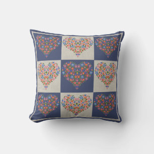 Folk Art Floral Hearts Checkerboard Pillow Kissen