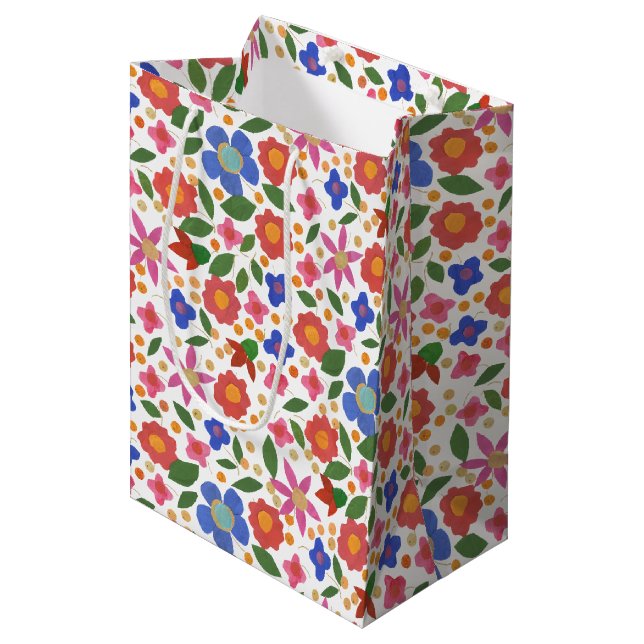 Folk Art Floral Mini-Print Medium Geschenktasche Mittlere Geschenktüte (Vorderseite Schrägansicht)