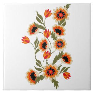 Folk Art Floral Muster Red Orange Green Botanic Fliese