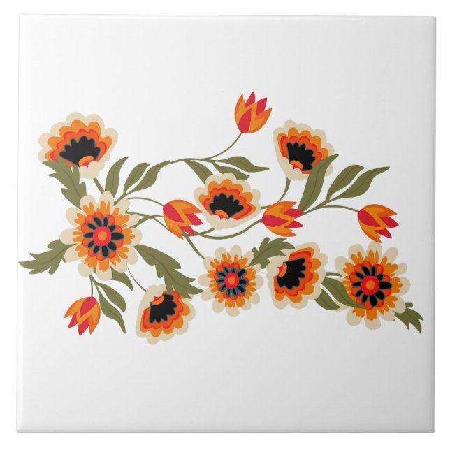 Folk Art Floral Muster Red Orange Green Botanic Fliese (Vorderseite)