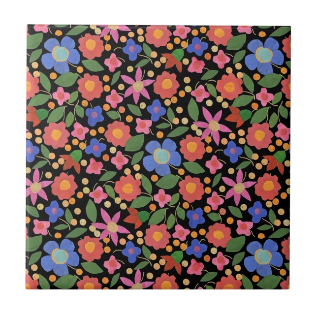 Folk Art Floral on Black Keramik Tile Fliese (Vorderseite)