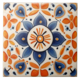 Folk Art Floral Orange & Blue Blume Fliese