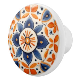 Folk Art Floral Orange & Blue Blume Keramikknauf