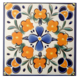 Folk Art Floral Orange & Blue Blumen Fliese