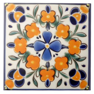 Folk Art Floral Orange & Blue Blumen Fliese