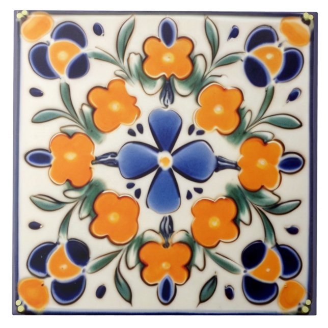 Folk Art Floral Orange & Blue Blumen Fliese (Vorderseite)