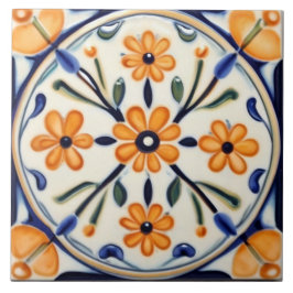 Folk Art Floral Orange Blume Blauer Kreis Fliese