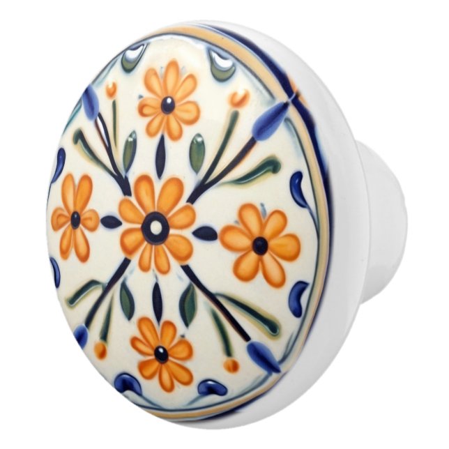 Folk Art Floral Orange Blume Blauer Kreis Keramikknauf (Rechts)