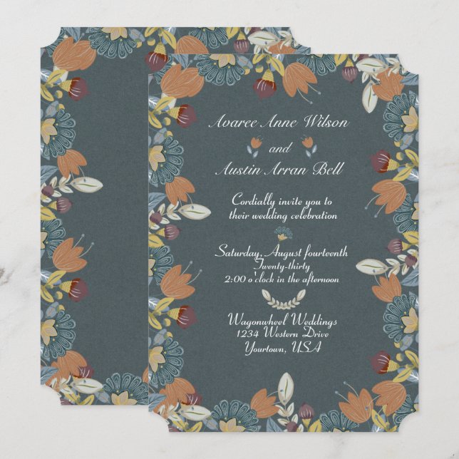 Folk Art Frame in Blue Brown Tan Einladung (Vorne/Hinten)