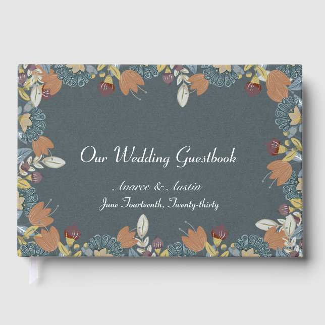 Folk Art Frame in Blue Brown Tan Gästebuch (Vorderseite)