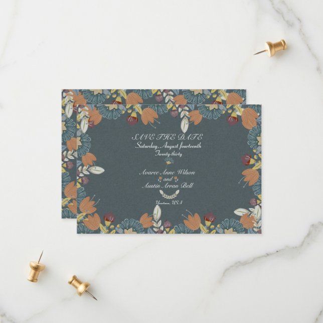 Folk Art Frame in Blue Brown Tan Save The Date (Vorderseite/Rückseite Beispiel)