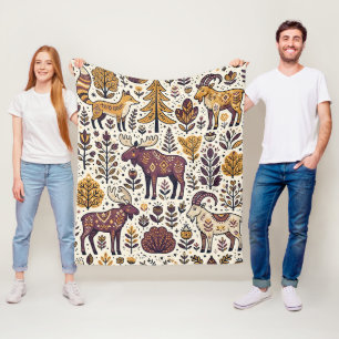 Folk-Art-Fuchs-Elch-Ziege-Nordische-Wald-Decke Fleecedecke