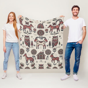 Folk-Art-Fuchs-Eule-Ziege Nordic-Forest-Decke Fleecedecke