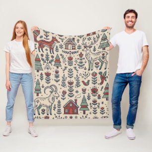 Folk-Art-Fuchs-Hirsch-Ziege-Wald-Decke Fleecedecke
