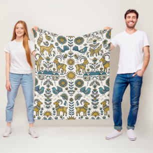 Folk-Art-Fuchs-Spatz-Ziege-Nordischer-Wald-Decke Fleecedecke