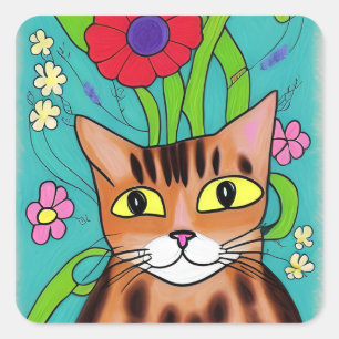 Folk Art Funny Cat mit roter Blume Quadratischer Aufkleber