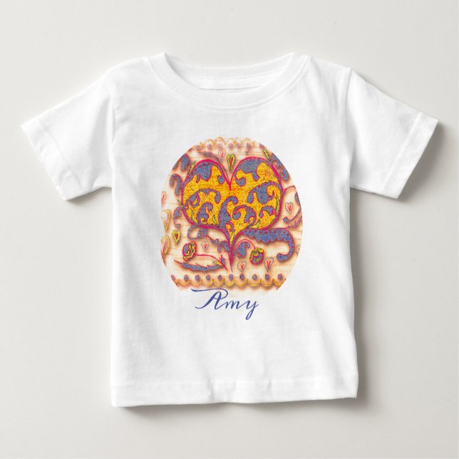 Folk Art Heart mit Blätter, Blume & Namen Baby T-shirt (Vorderseite)