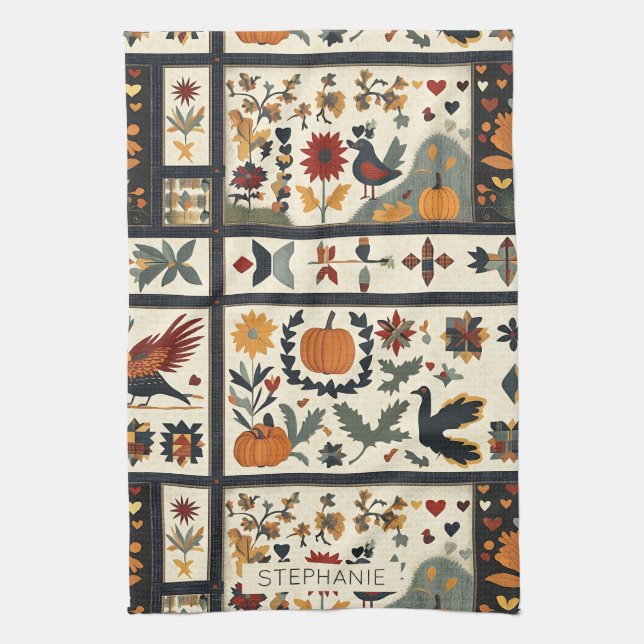 Folk Art Herbst Quilt Muster | Rustikale Ernte Geschirrtuch (Vertikal)