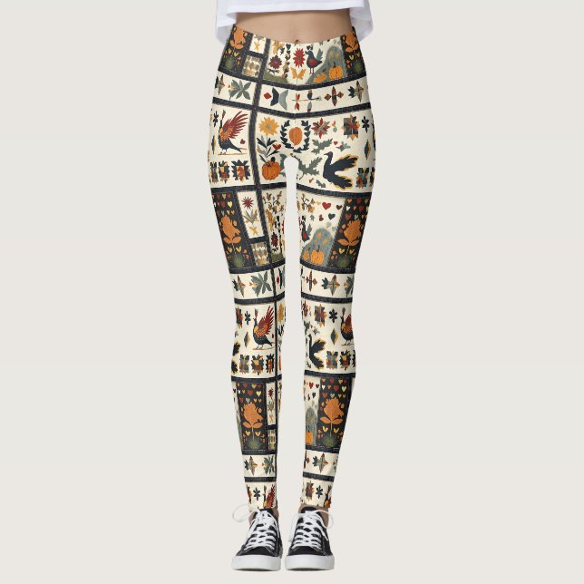 Folk Art Herbst Quilt Muster | Rustikale Ernte Leggings (Vorderseite)