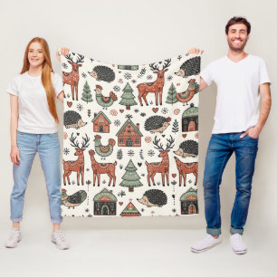 Folk-Art-Hirsch-Igel-Henne-Nordischer-Wald-Decke Fleecedecke