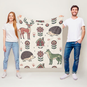 Folk-Art-Hirsch-Igel-Wolf-Wald-Decke Fleecedecke