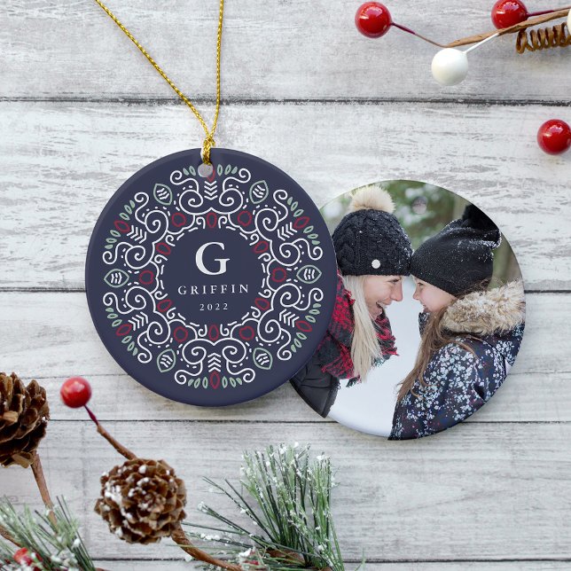 Folk Art Holiday Monogram & Foto Doppelseitig Keramikornament (Von Creator hochgeladen)
