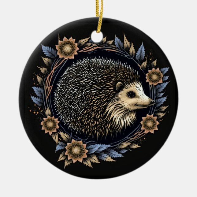 Folk Art Igel im Kraut der Blauen Blumen Keramik Ornament (Vorne)
