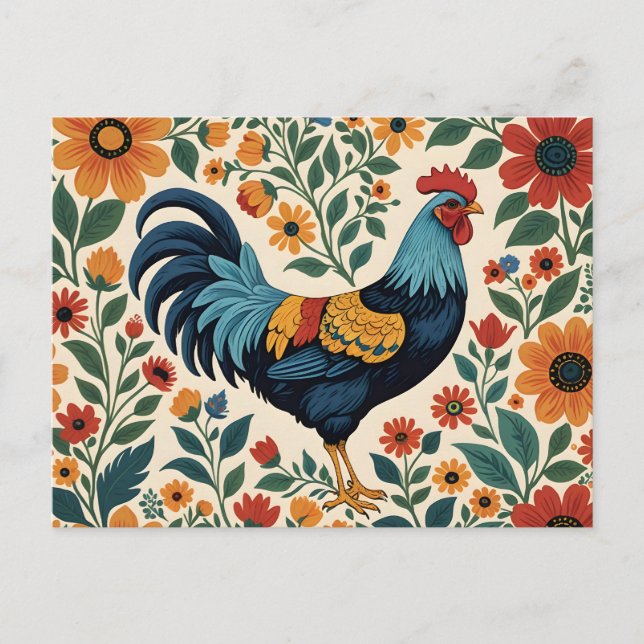 Folk Art Indigo Rooster Postkarte (Vorderseite)