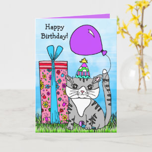 Folk Art Kitty Cat Happy Birthday Karte