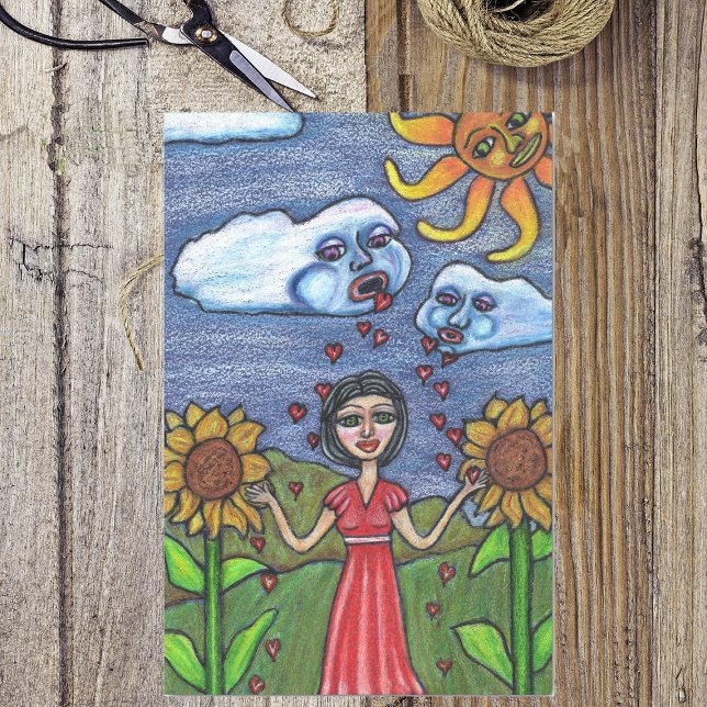 Folk Art Lady Wolken Sonnenblumen Sonnenanbeter Seidenpapier (Clouds raining red hearts over woman  sunflowers sun with face on tissue paper.)