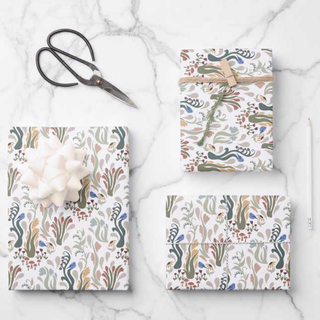 Folk Art Meadow & Blue Bird in Earth Tones Geschenkpapier Set (Vorderseite)