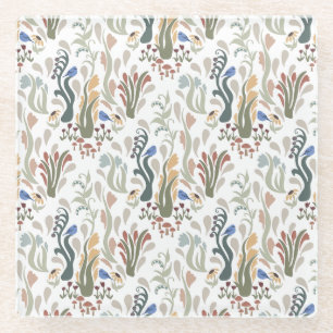Folk Art Meadow & Blue Bird in Earth Tones Glasuntersetzer