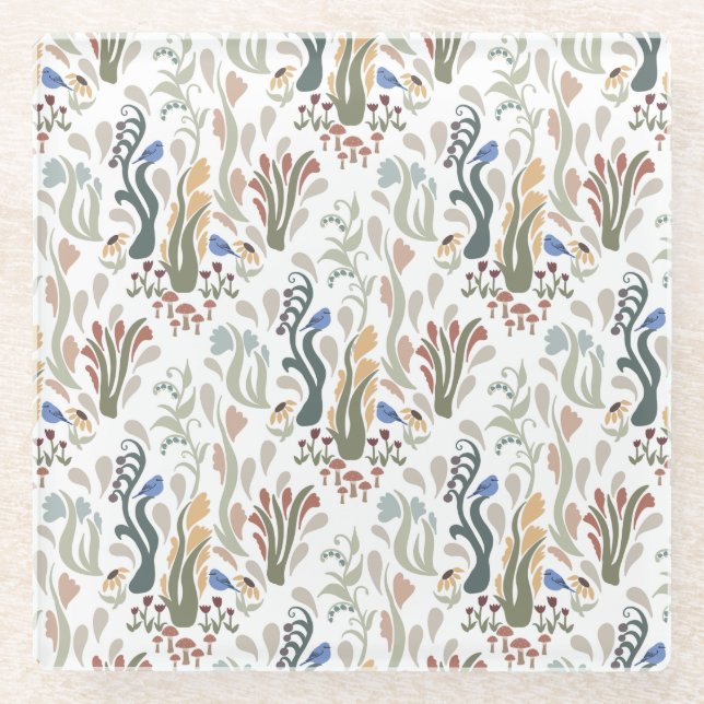 Folk Art Meadow & Blue Bird in Earth Tones Glasuntersetzer (Vorderseite)