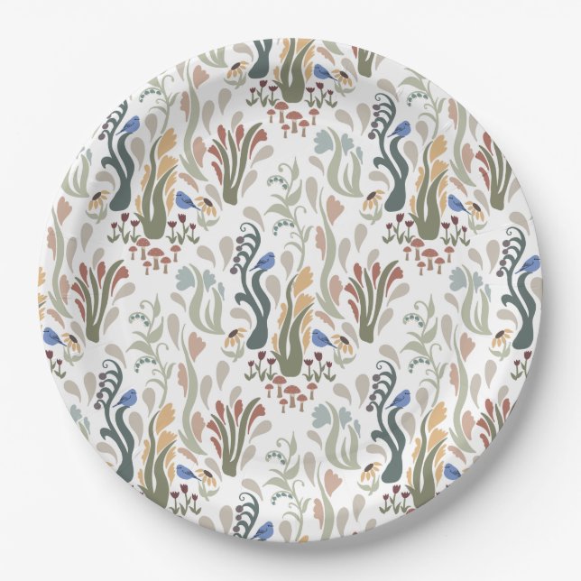 Folk Art Meadow & Blue Bird in Earth Tones Pappteller (Vorderseite)