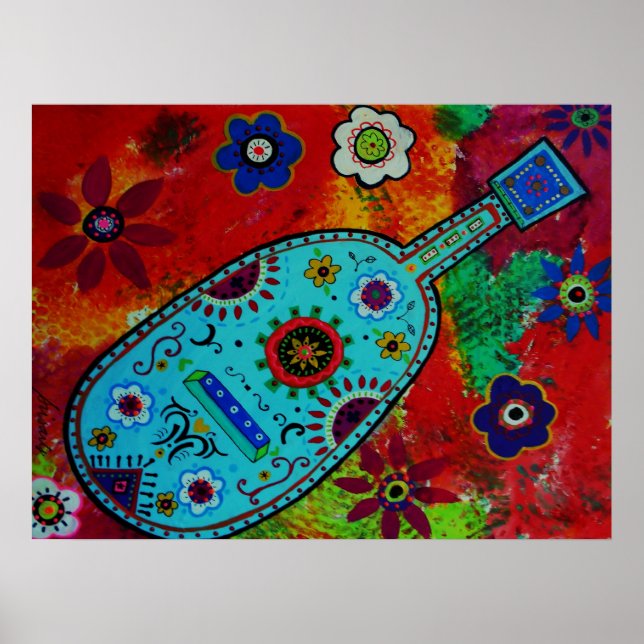 Folk Art mexikanische Gitarrenmalerei Poster (Vorne)