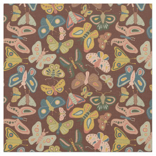 Folk Art Moths Schmetterlinge Pink Blue Brown Stoff
