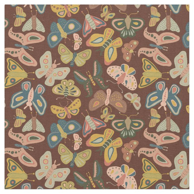 Folk Art Moths Schmetterlinge Pink Blue Brown Stoff (Nahaufnahme)