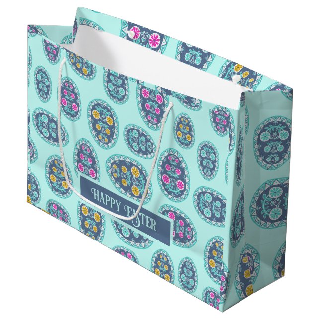 Folk Art Oaster Pattern, Pysanka Inspiriert Aqua Große Geschenktüte (Vorderseite Schrägansicht)