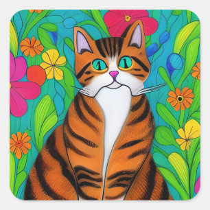 Folk Art Orange Cat und Blume Quadratischer Aufkleber