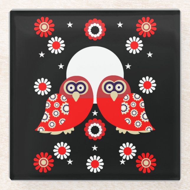 Folk Art Owl Glasuntersetzer (Vorderseite)