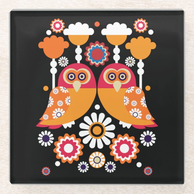 Folk Art Owl Glasuntersetzer (Vorderseite)