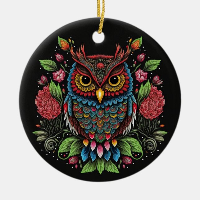 Folk Art Owl Keramik Ornament (Vorne)